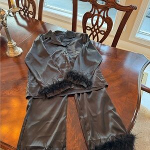 Black Feather Trim Satin Pajama Set